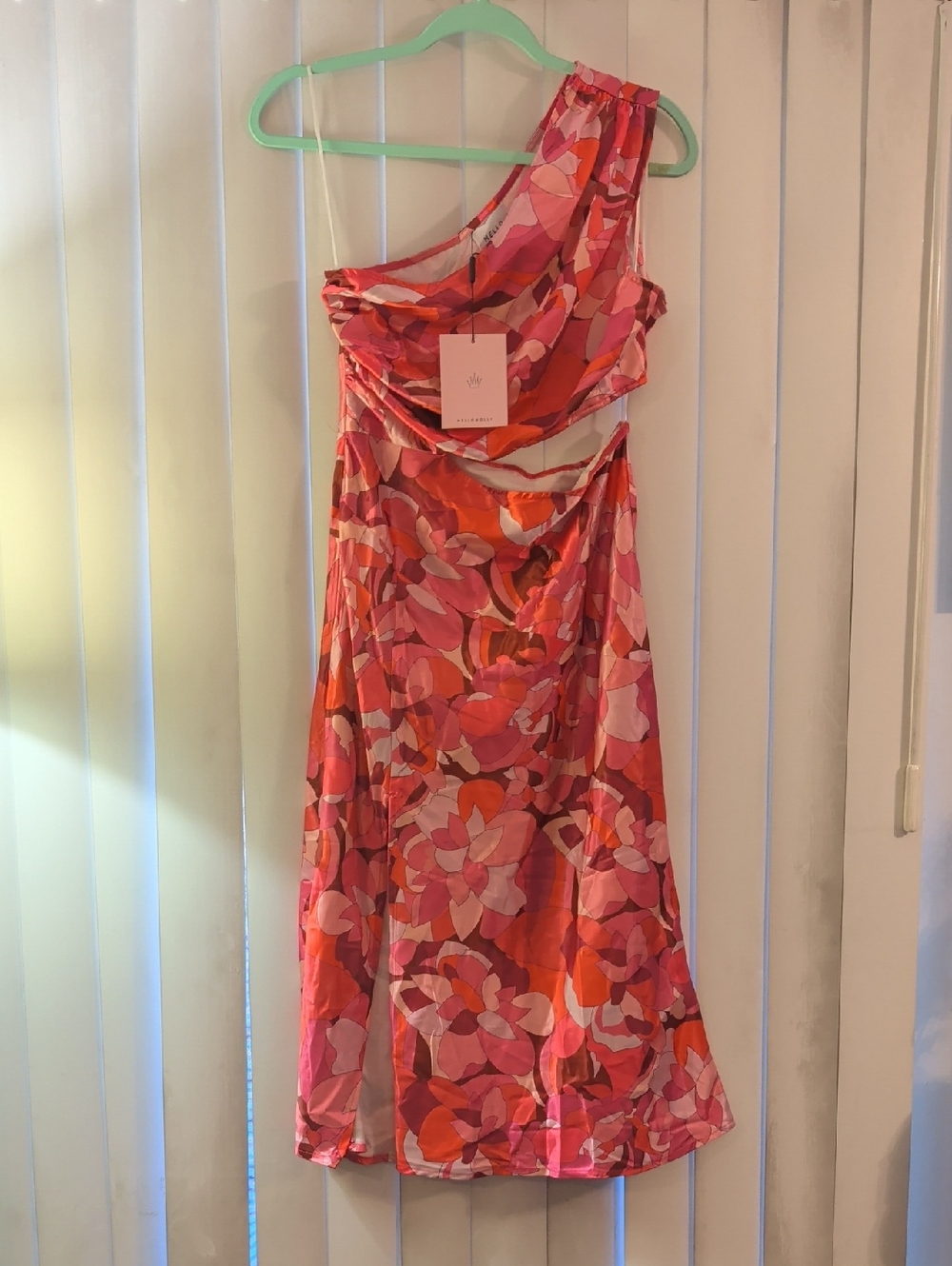 Hello Molly One-Shoulder Cut Out Floral Pink & Orange Midi Dress, Size 6